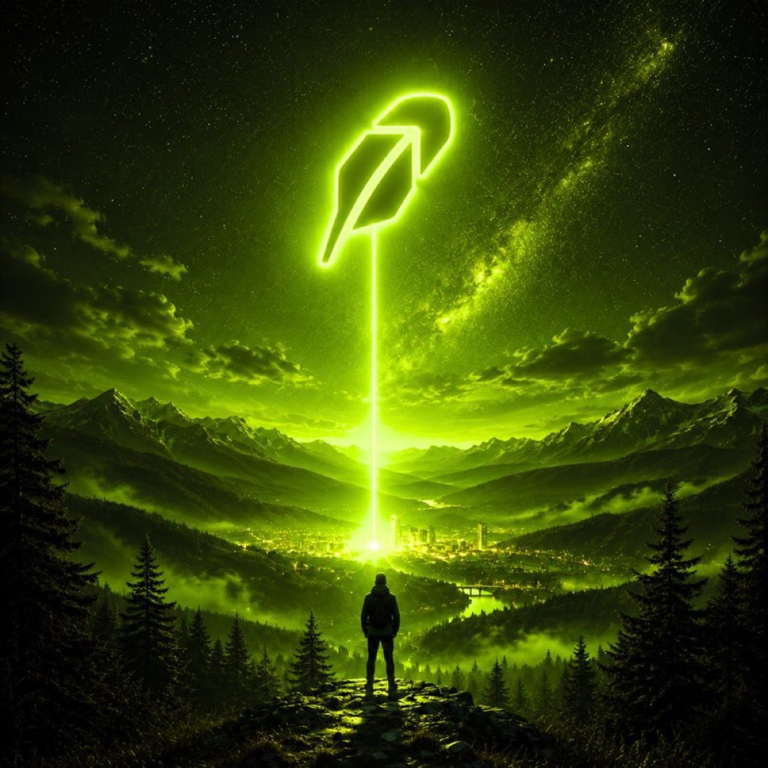 Neon Robinhood feather beaming over a green valley